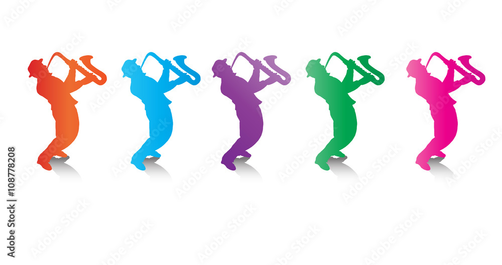 Saxophonist, musicians Jazz players, Music Dance Festival design elements. Colorful people silhouettes isolated on white background, five figures. Art, print, web, fashion, textile, craft, design.