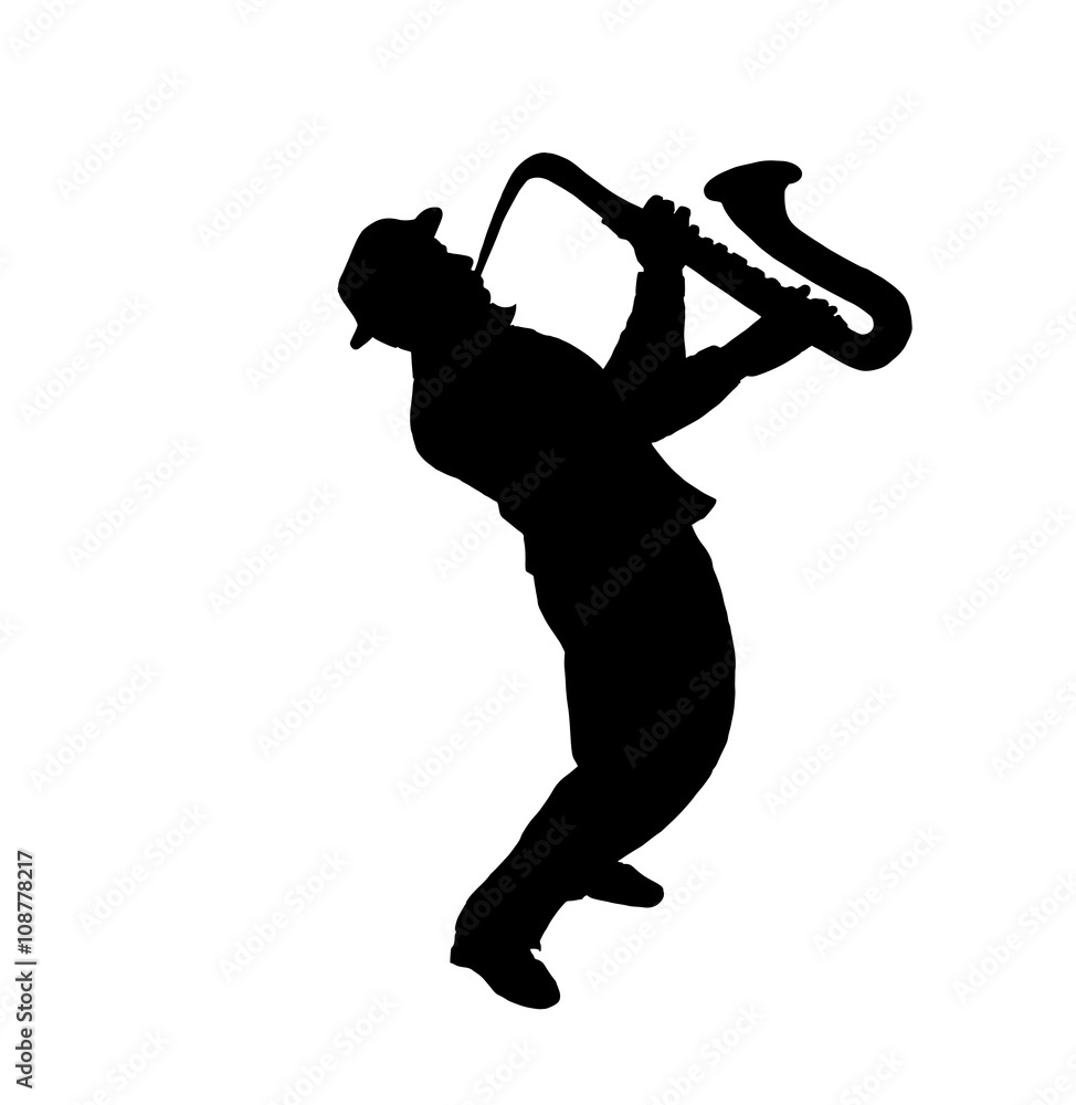 Fototapeta premium The saxophonist. JAZZ Musician, saxophonist plays the saxophone music, silhouette. Digital illustration isolated on white background. For music Art, Print, poster, web, album design.