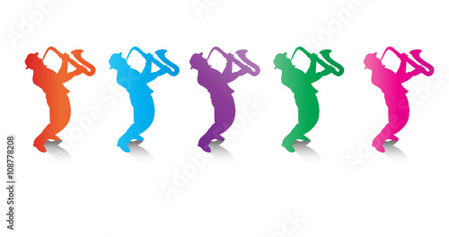 Saxophonist  musicians Jazz players  Music Dance Festival design elements. Colorful people silhouettes isolated on white background  five figures. Art  print  web  fashion  textile  craft  design.