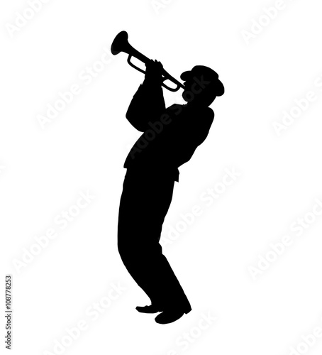 Trumpeter, Musician plays the trumpet jazz. Silhouette trumpeter on white background. Digital illustration. For Art, web, print, wallpaper, greeting card, fashion, poster graphic design.