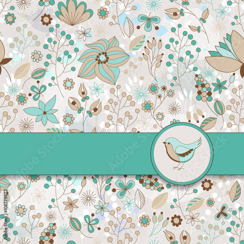 Vector card with floral pattern, ribbon and bird