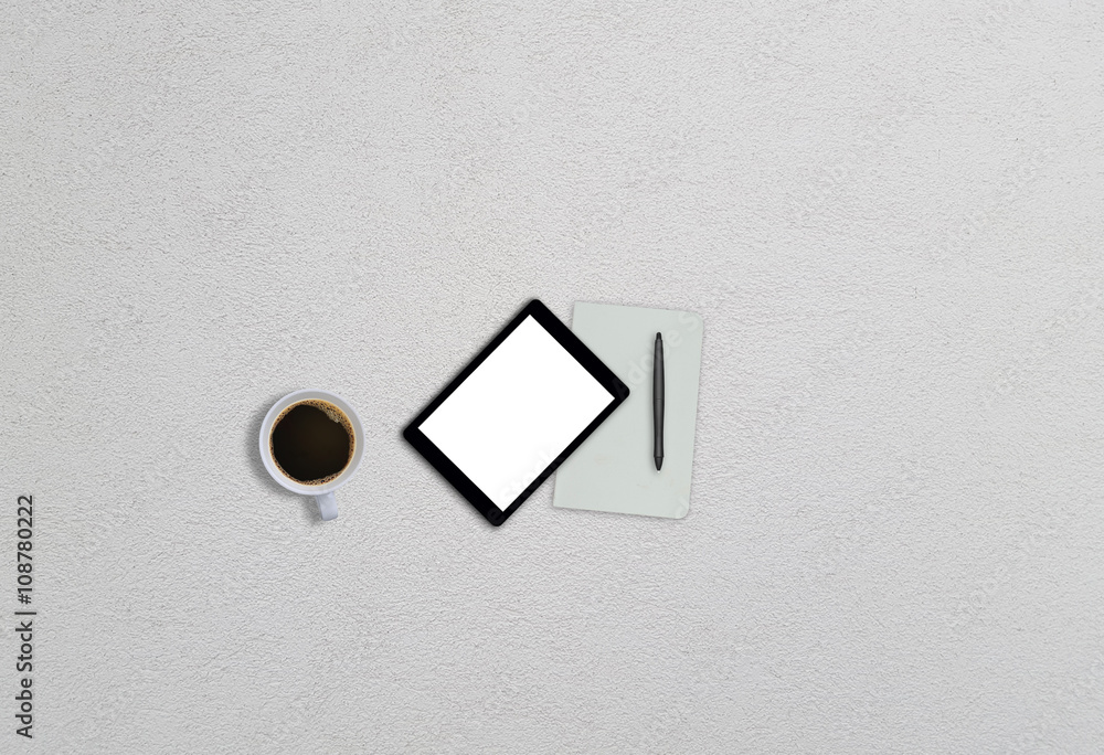 Office business top view hero image for mock up with coffee, tablet, pen, notebook Office business top view hero image for mock up with coffee, tablet, pen, notebook