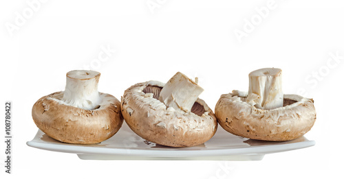 Mushrooms champignon, Agaricus bisporus on a white plate, close up