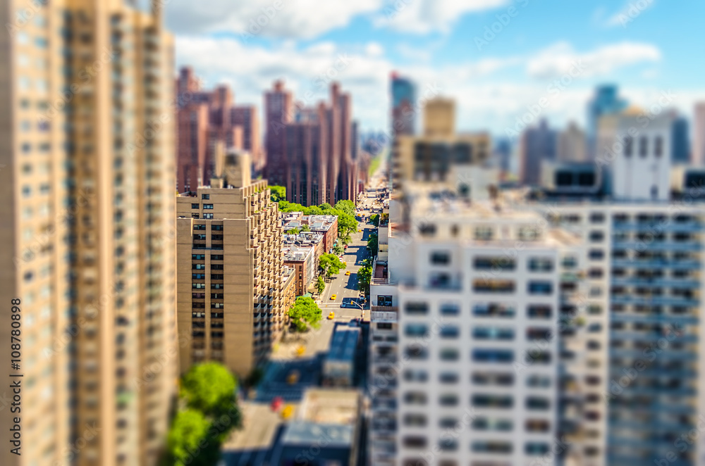 Aerial view of 2nd Avenue Manhattan. Tilt-shift effect applied