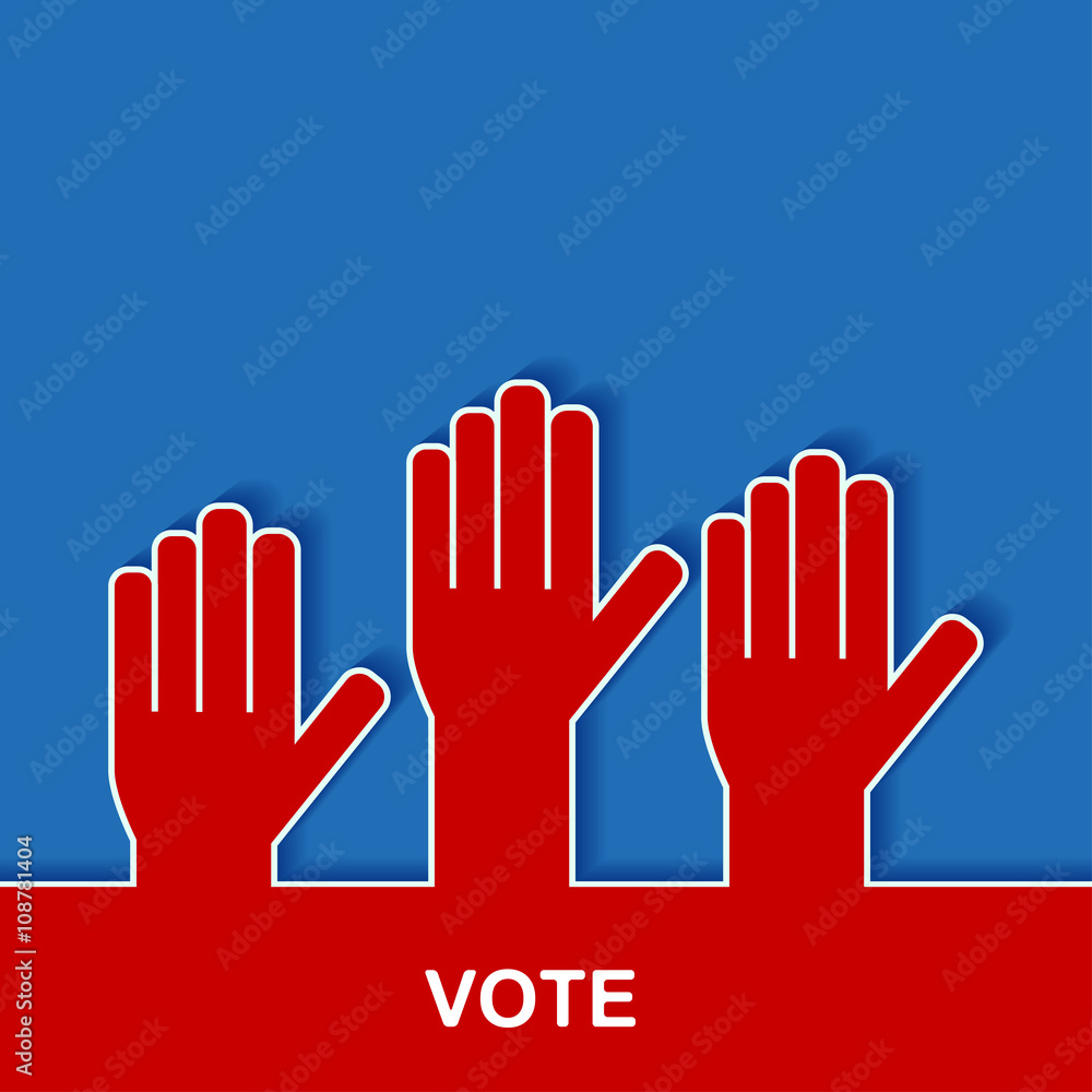 Obraz premium Elections and voting poster with hands. Voting in elections. Hands raised up. Stock vector illustration.