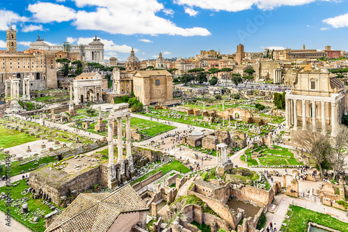 Scenic view over the ruins of the Roman Forum, Italy photo