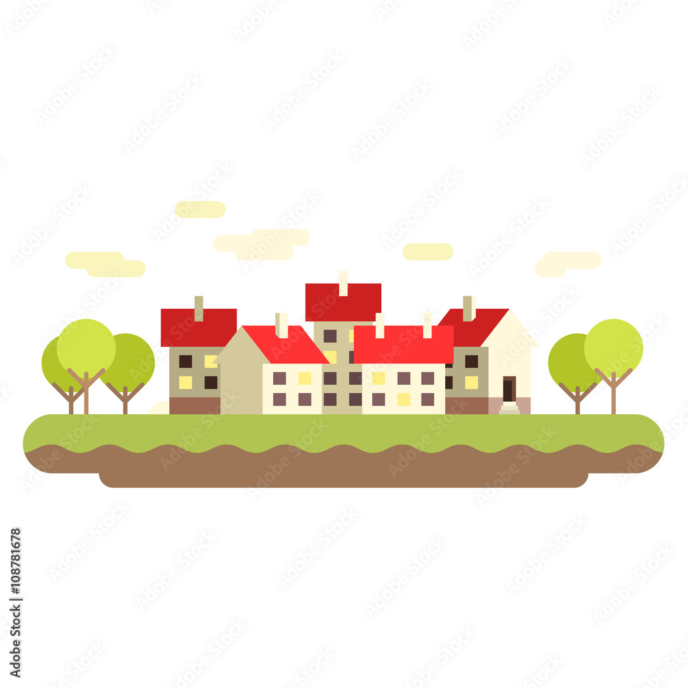 Small town. Vector flat illustration. Buildings background