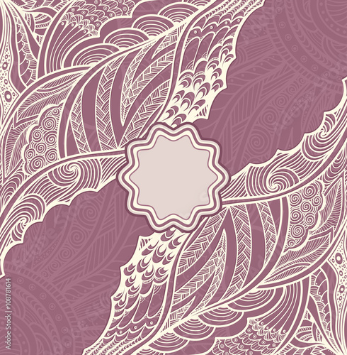 Template flyer or label  with Zen-doodle pattern in pearly and lilac colors