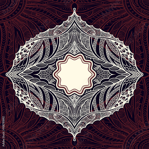 Template flyer or label  with Zen-doodle pattern in pearly  on dark burgundy