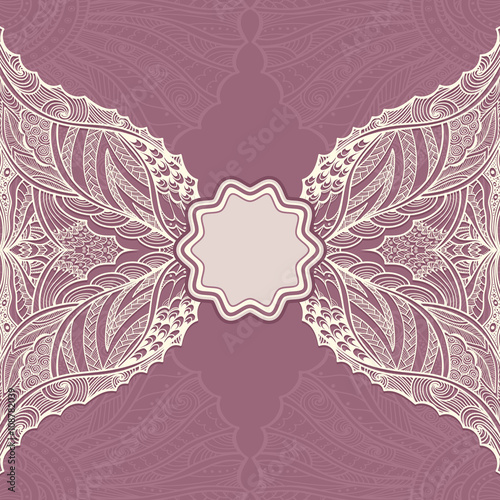 Template flyer or label  with Zen-doodle pattern in pearly and lilac colors