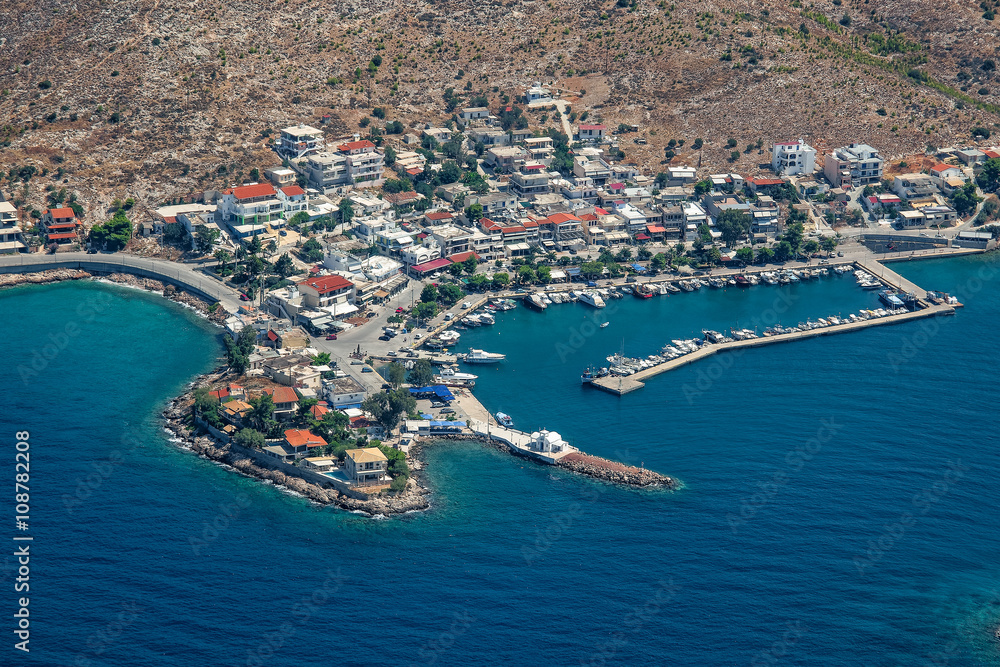 Aerial view of village and port of Pachi, Greece