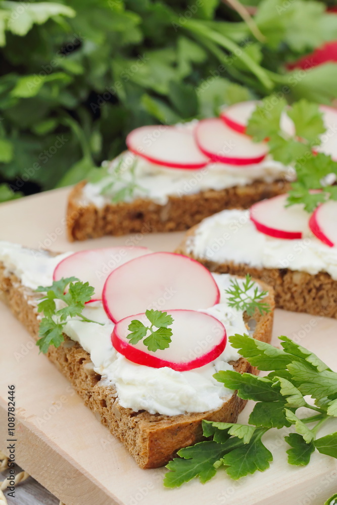 Sandwich with soft cheese, radish and parsley