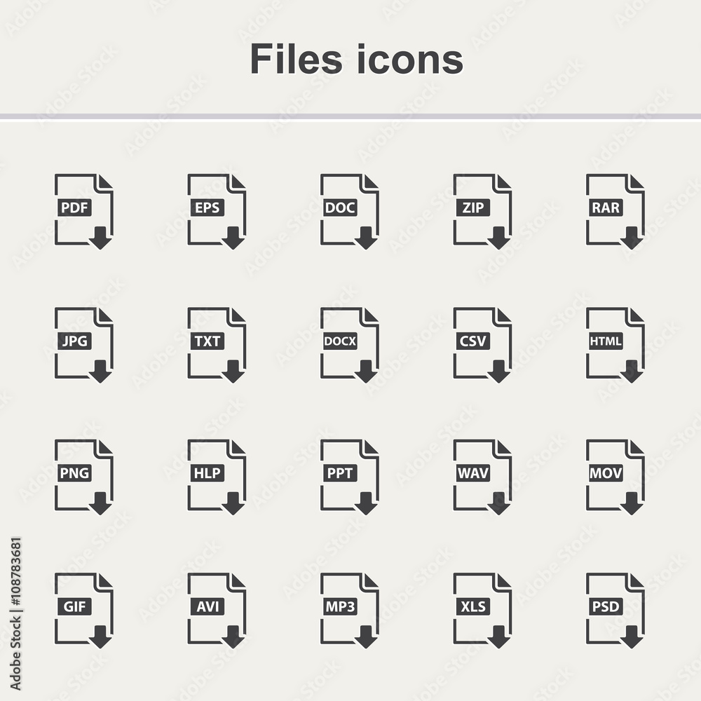 Files icon set.Vector files icon isolated.Vector document icon set.Vector document  in different formats icon set.File icon .Vector file icon collection.File icon.Document icon.Format icon