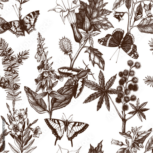 Vector seamless pattern with hand drawn poisonous plants and butterflies. Vintage noxious plants sketch background. Botanical pattern with poisonous flowers and butterflies