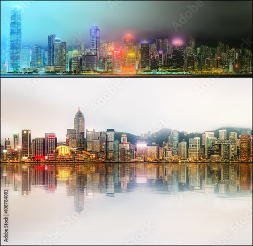 Beautiful cityscape set and collage of Financial district, Hong Kong