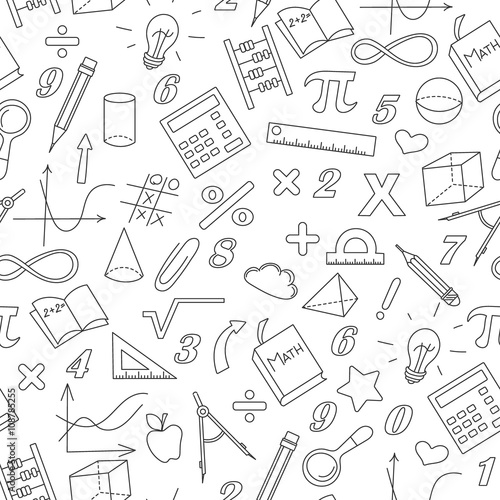 Seamless background with simple icons on the theme of mathematics and learning , the dark contour on a white background