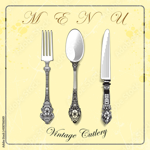cutlery on grunge background. vintage spoon, fork, knife, napkin