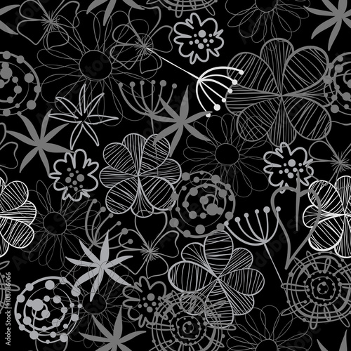 Seamless vector floral pattern with flower in doodle style with flowers and leaves. Black and white floral background perfect for wallpaper, pattern fill, web page background, surface texture, textile