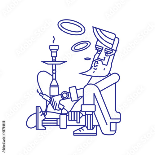 A man smokes a hookah. Hookah vector illustration. Hipster lit hookah