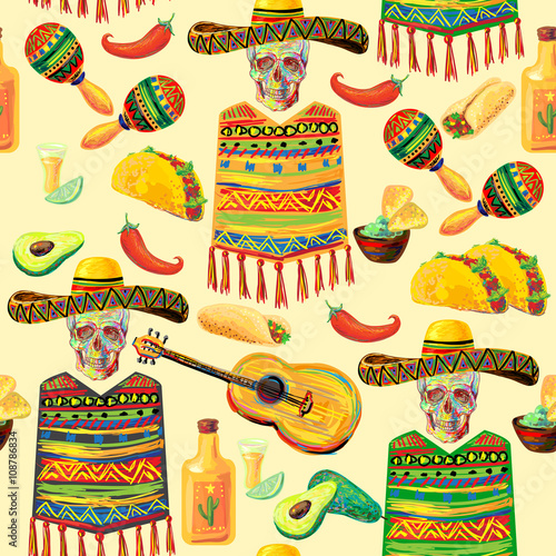Mexican food seamless music pattern with skull, sombrero hat, mustache, guitar, maracas, guitar, poncho, taco, tequila, lime, fajitas, nachos, avocado and chill pepper vector background