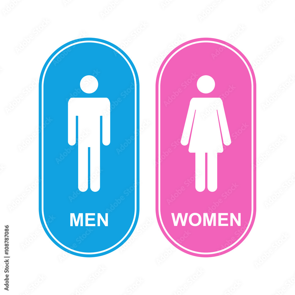 Male and female WC icon denoting toilet and restroom facilities for both men and women with white male and female silhouetted figures in flat style on a pink and blue Male and female WC icon denoting toilet and restroom facilities for both men and women with white male and female silhouetted figures in flat style on a pink and blue