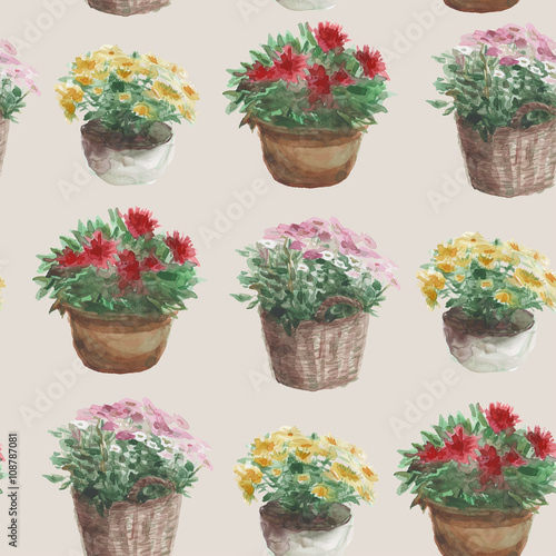 Yellow, pink, red flower in a flower pot, seamless pattern, beige background.
