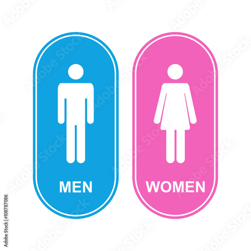 Male and female WC icon denoting toilet and restroom facilities for both men and women with white male and female silhouetted figures in flat style on a pink and blue 