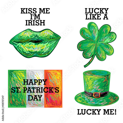 Kiss me I'm Irish. Happy St. Patrick's Day. Lucky me. Ireland Flag, clover, leprechaun symbolic green hat, lips vector illustration. Design for shirt