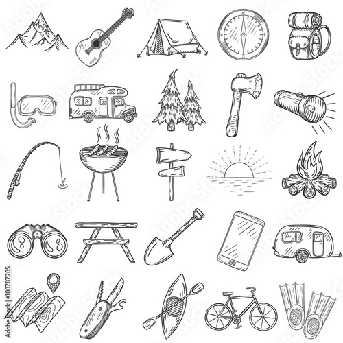 Set of hand drawn camping icons.