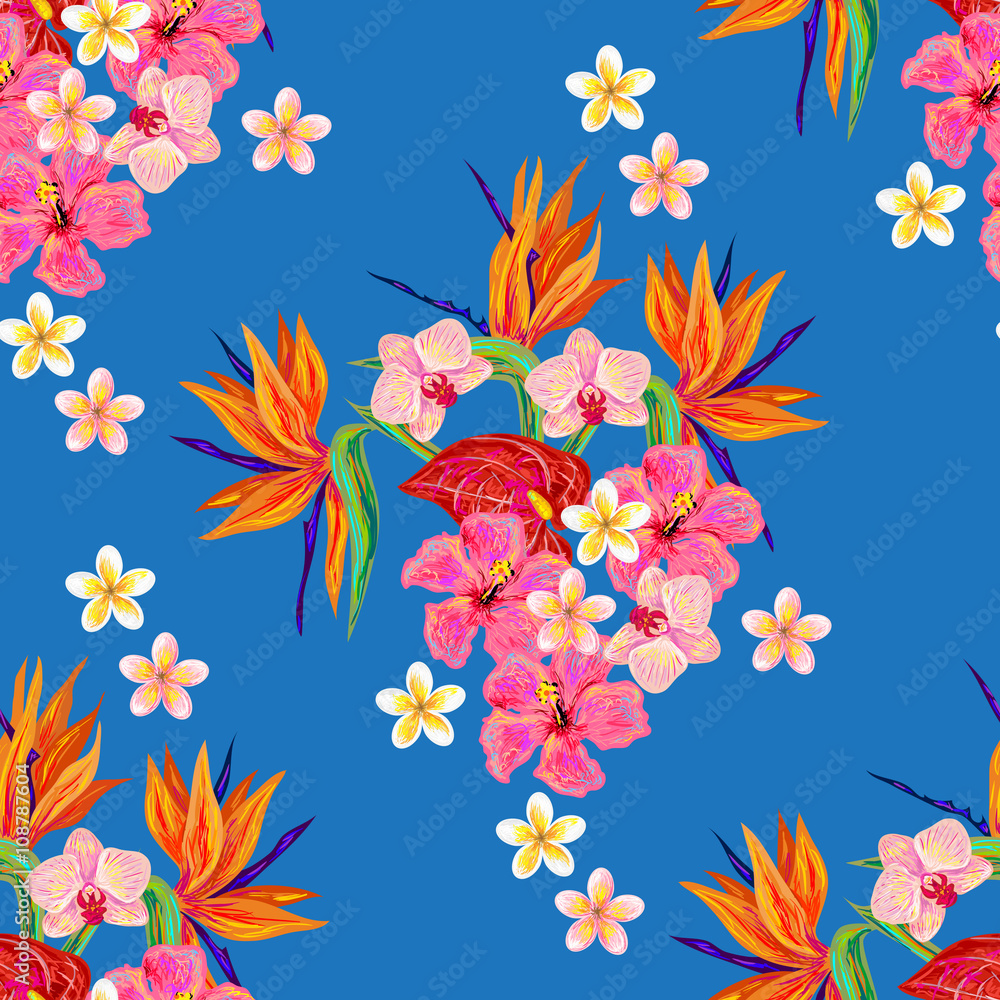 Obraz premium Seamless summer tropical pattern with exotic flowers vector background. Perfect for wallpapers, pattern fills, web page backgrounds, surface textures, textile