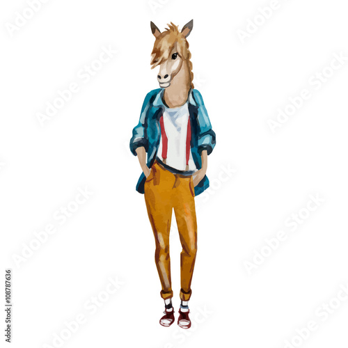 Hand drawn illustration of horse hipster in colors. Vector