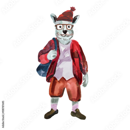 Hand drawn  hare dressed up in fashionable style. Vector