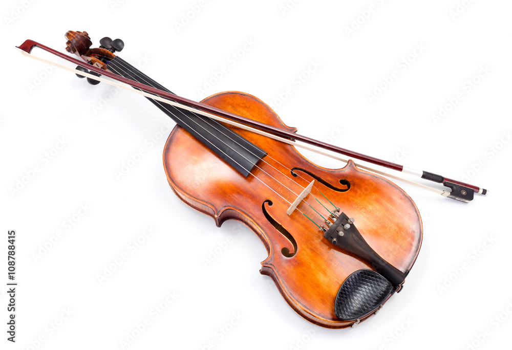 Top view of violin on white