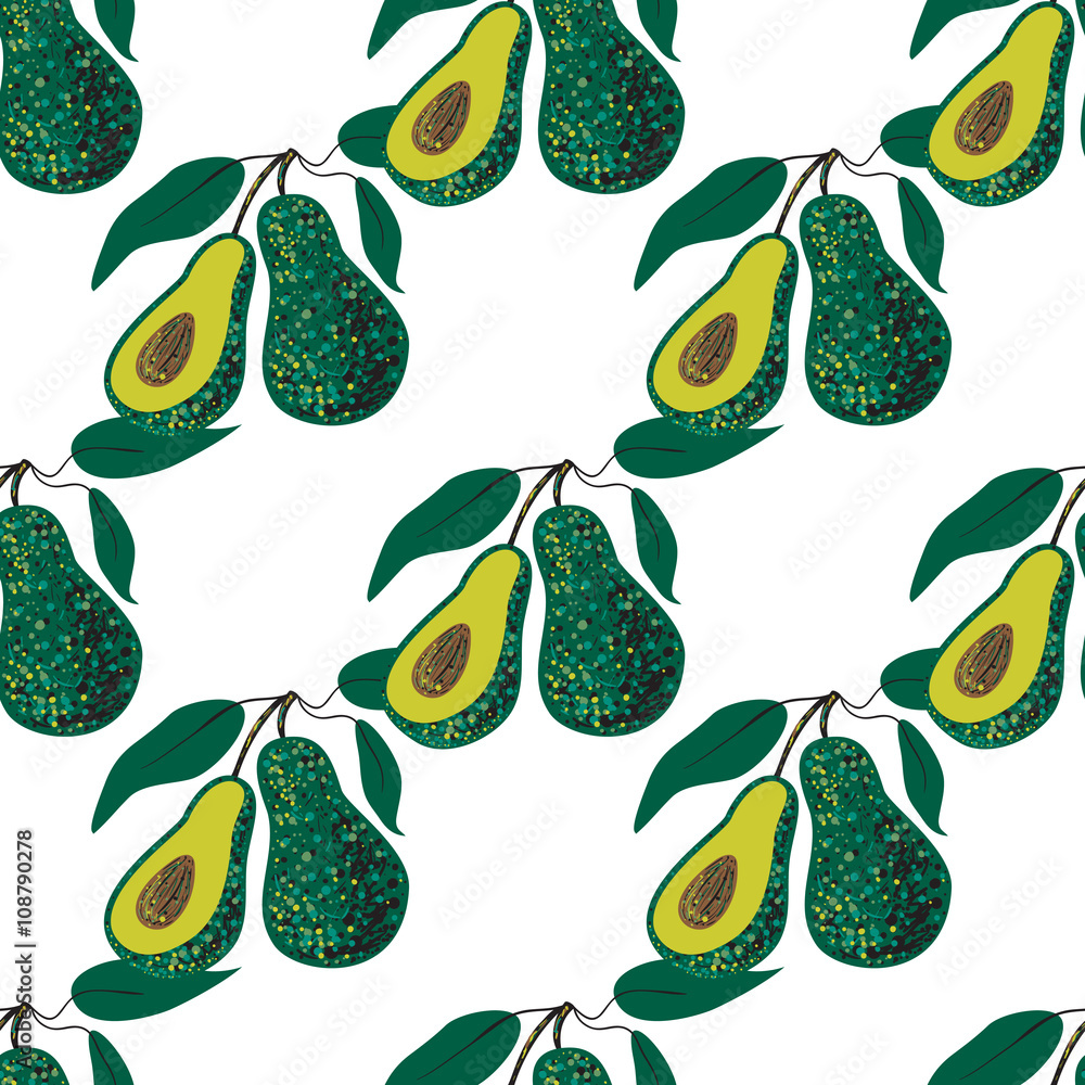 Obraz premium Seamless vector patten with avocado slices with leaves on yellow background. Ripe tropical fruit with leaves. Perfect for wallpapers, pattern fills, web page backgrounds, surface textures, textile
