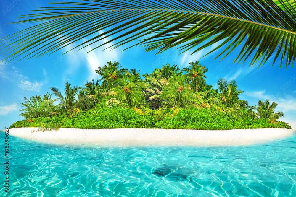 Obraz premium Whole tropical island within atoll in tropical Ocean. Uninhabite