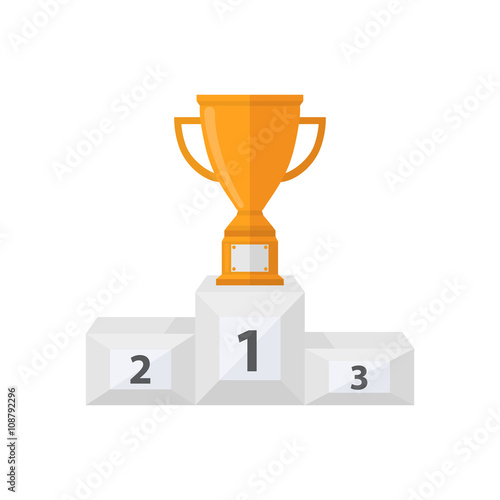 Pedestal with gold trophy cup.Vector award cup with a pedestal icon in a flat style isolated on a white background