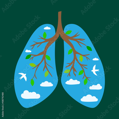 World Tuberculosis Day. World Pneumonia Day. Human lungs. Medical flat illustration. Health care. Tree branches like the lungs. Branches with leaves. Sky with clouds and birds
