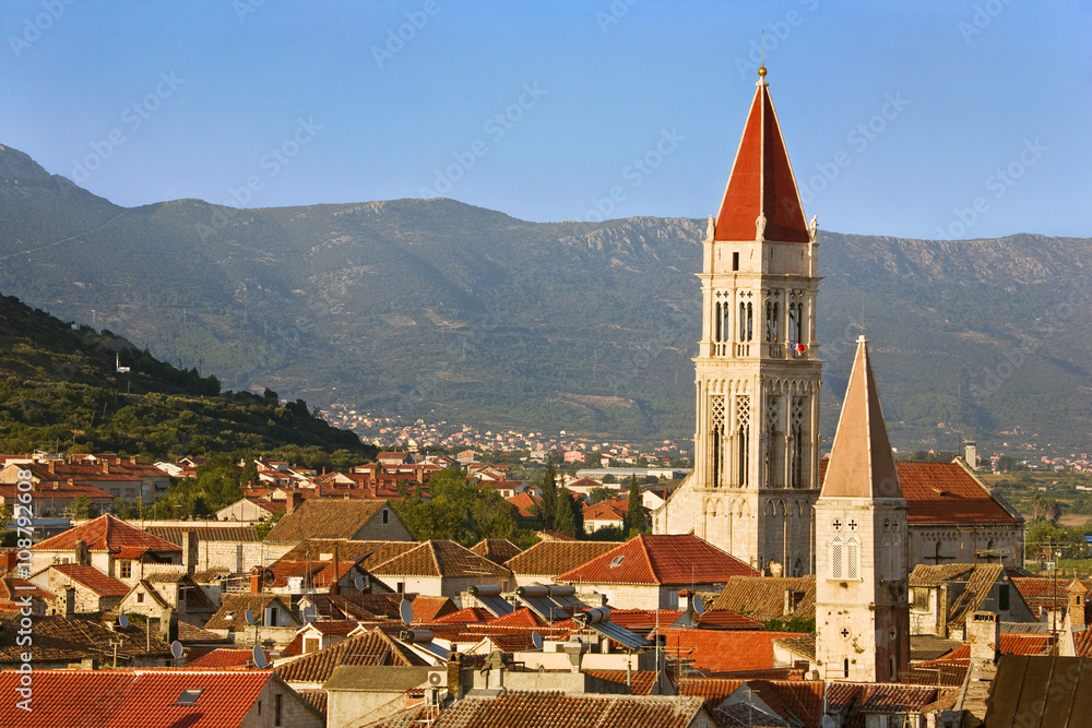 Croatia. Middle Dalmatia. The old town of Trogir with bell tower of the Lawrence Cathedral seen from the Kamerlengo Fortress (Historical Trogir is on UNESCO World Heritage List since 1997)