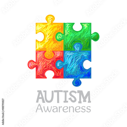 World autism awareness day. Colorful puzzle vector design hand drawn sign. Symbol of autism. Sketch. Medical flat illustration. Health care