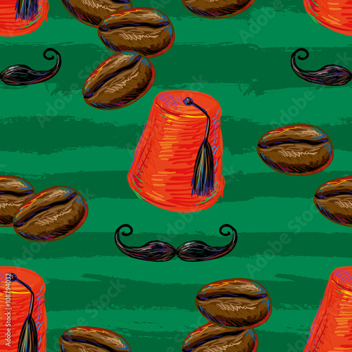 Turkish seamless pattern with fez, mustache and coffee beans . Tiled background with oriental ornament. Turkish coffee. Vector illustration