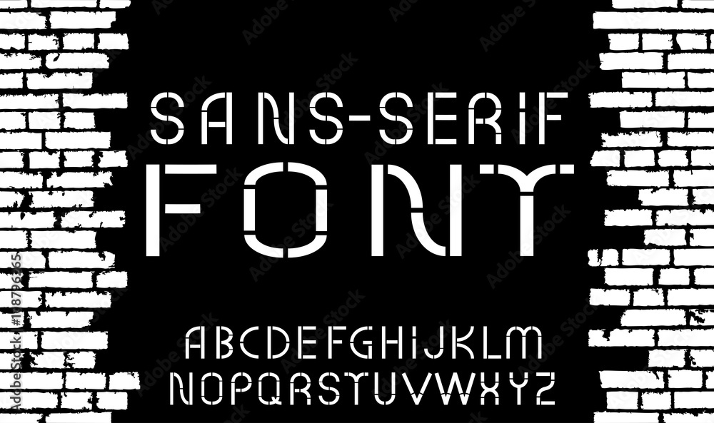 Black and white sansserif modern font on old brick wall background. Vector illustration Stock