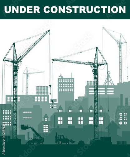 Turquoise "Under construction" concept at building site in the city with detailed silhouettes of construction machines on white background. Vector illustration