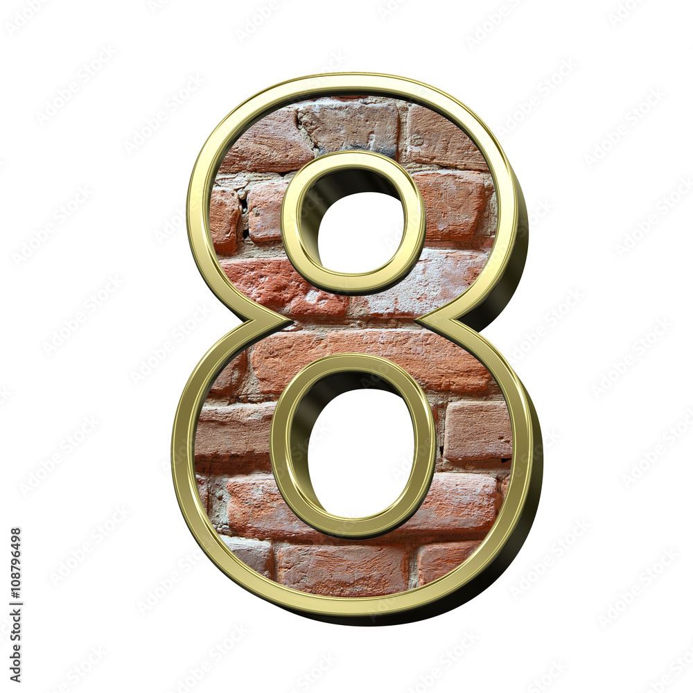 One digit from old brick with gold frame alphabet set, isolated on white. 3D illustration. One digit from old brick with gold frame alphabet set, isolated on white. 3D illustration.