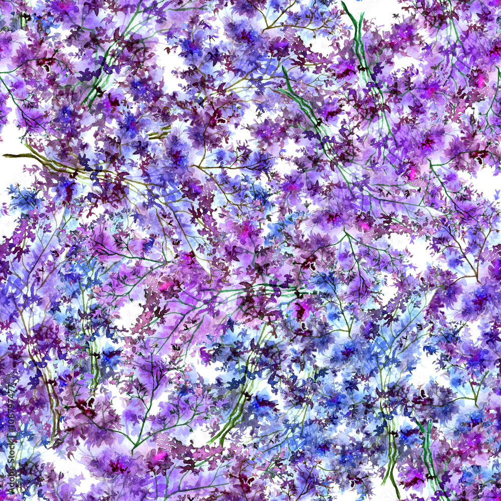 Паттерн синие и фиолетовые полевые цветы на ветке акварелью ...