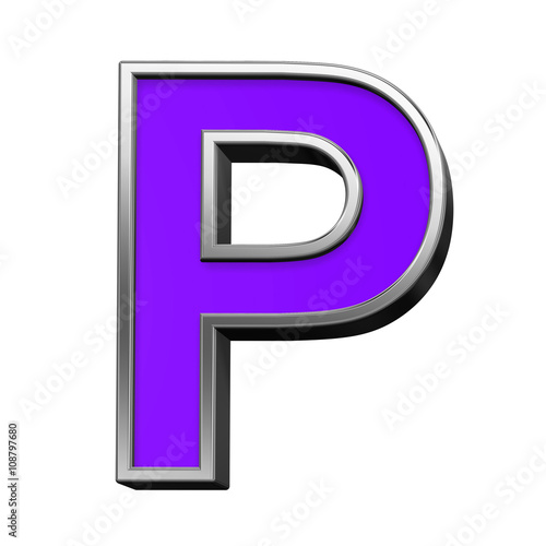 One letter from violet with silver frame alphabet set, isolated on white. 3D illustration.