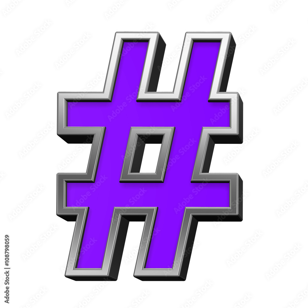 Obraz premium Number mark from violet with silver frame alphabet set, isolated on white. 3D illustration.