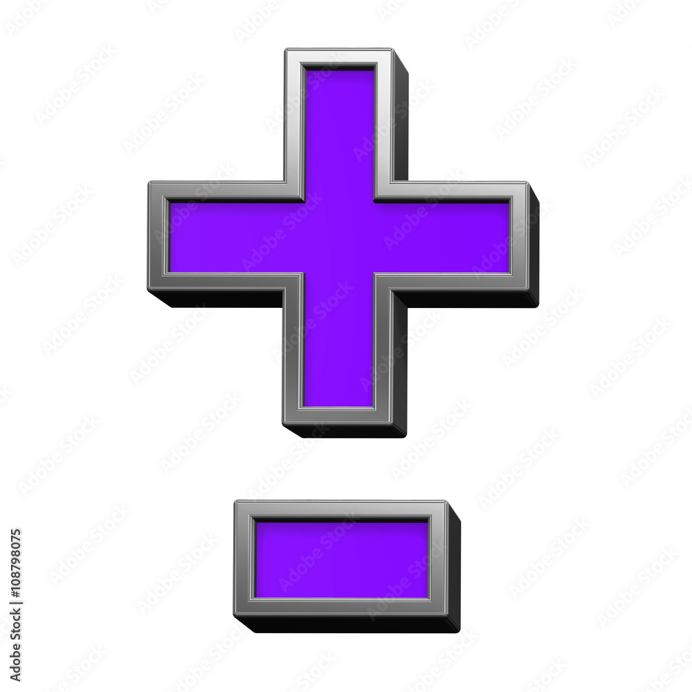 Obraz premium Hyphen, minus, plus marks from violet with silver frame alphabet set, isolated on white. 3D illustration.