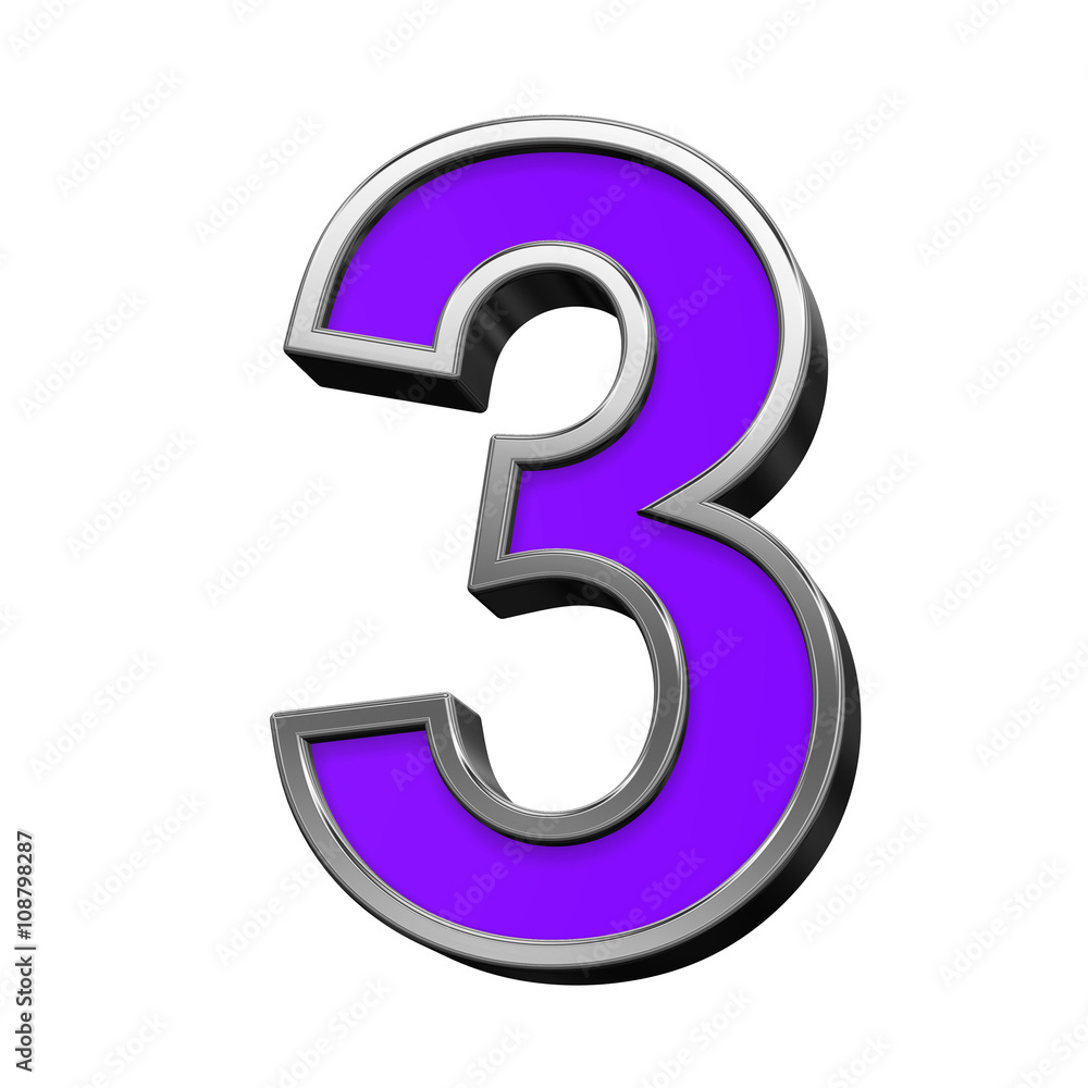 One digit from violet with silver frame alphabet set, isolated on white. 3D illustration. One digit from violet with silver frame alphabet set, isolated on white. 3D illustration.