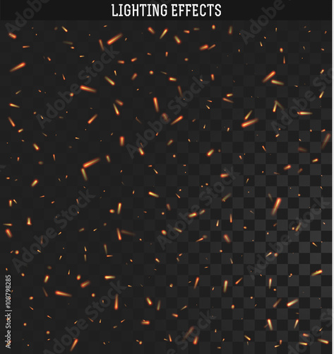 Sparks isolated realistic lighting with transparency for design.Sparks realistic effect.  Sparks from the fire.  Magic and bright lighting effects. Natural effects Fire spark effect. 