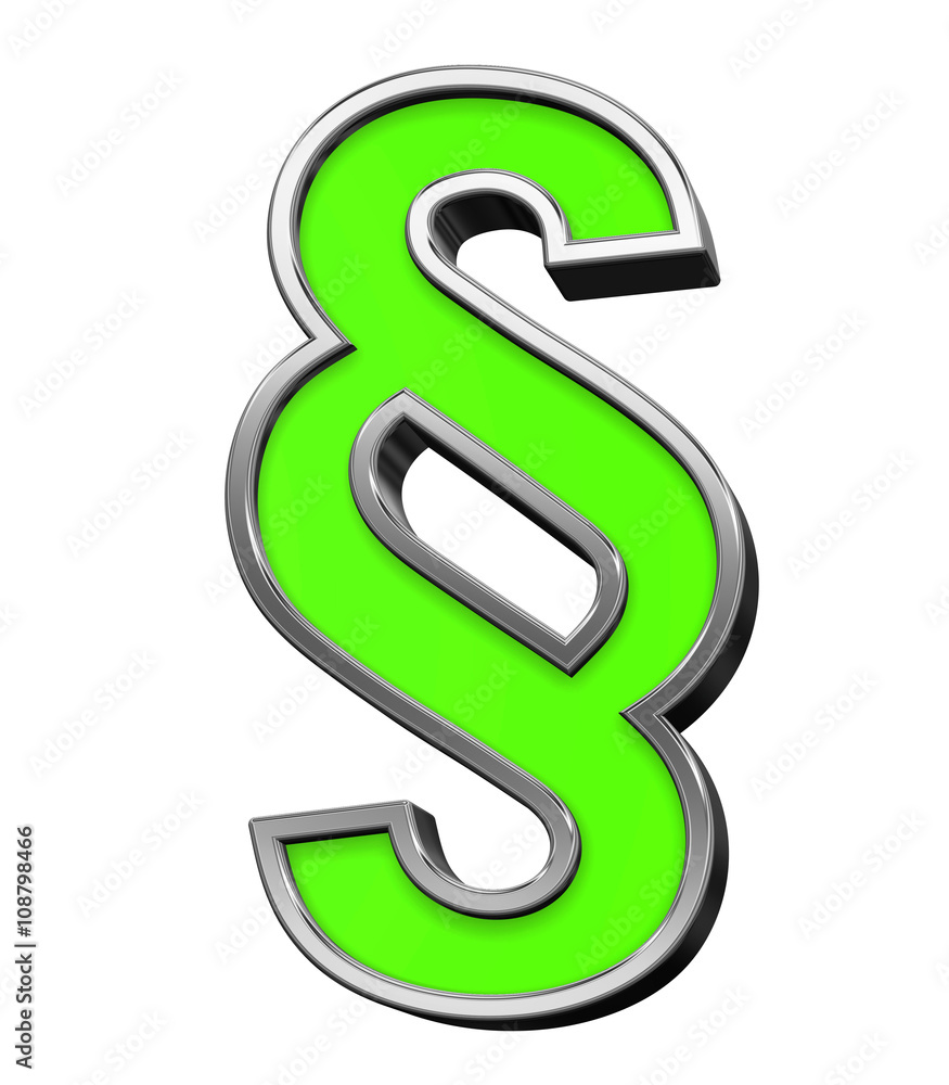 Paragraph sign from green with silver frame alphabet set, isolated on white. 3D illustration. Paragraph sign from green with silver frame alphabet set, isolated on white. 3D illustration.